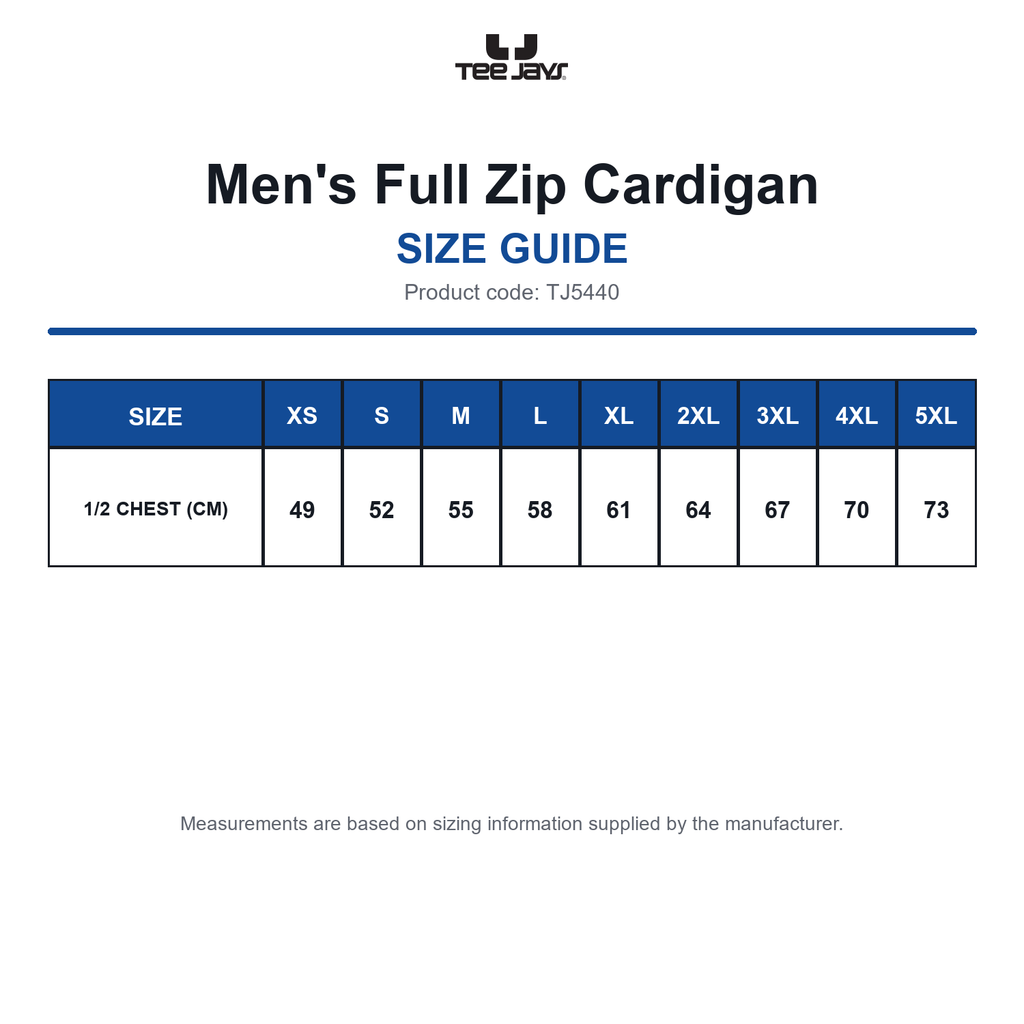 TJ5440 Tee Jays Men's Full Zip Cardigan size guide (TJ5440)