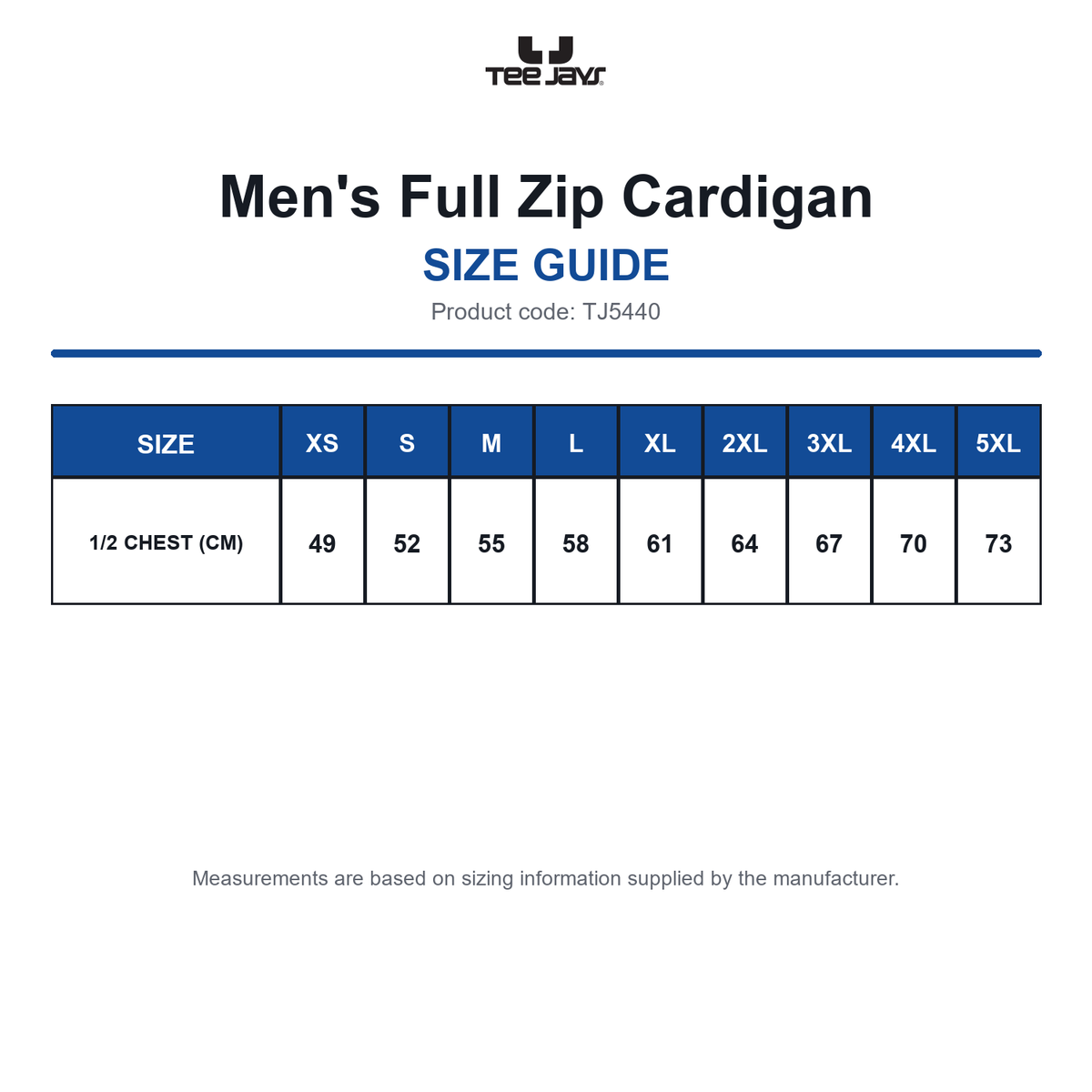 TJ5440 Tee Jays Men's Full Zip Cardigan size guide (TJ5440)