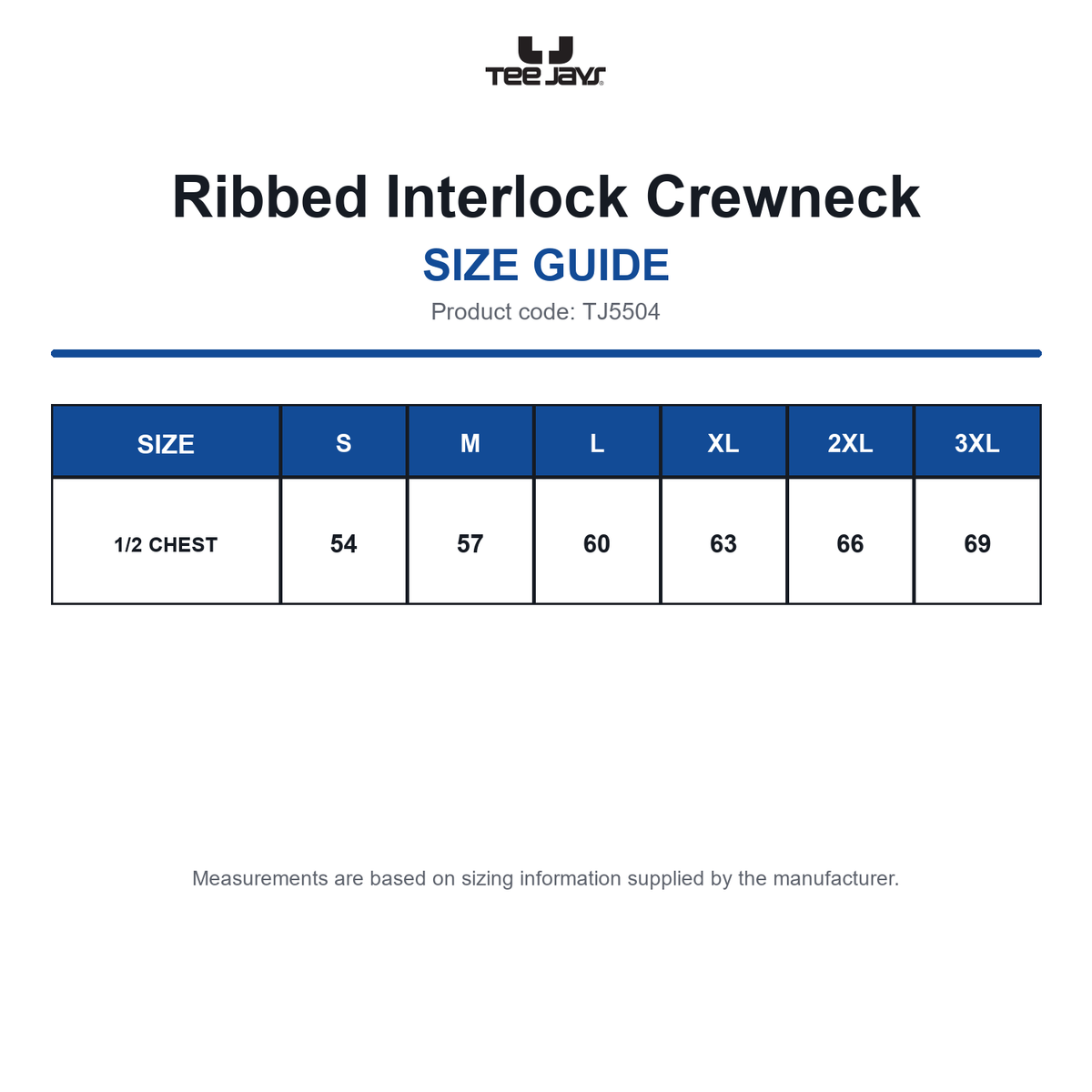 TJ5504 Tee Jays Ribbed Interlock Crewneck size guide (TJ5504)