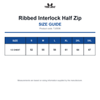 TJ5506 Tee Jays Ribbed Interlock Half Zip size guide (TJ5506)