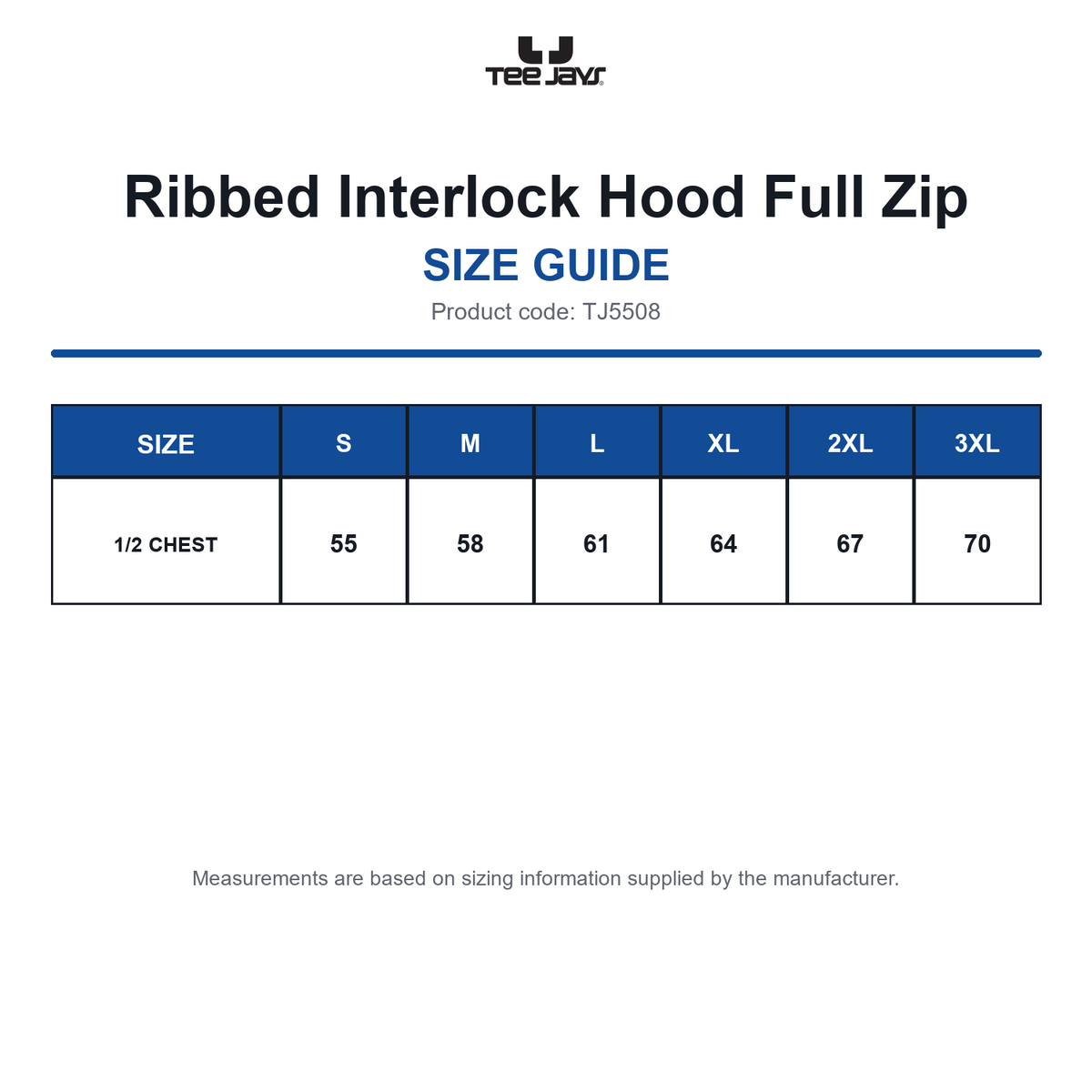 TJ5508 Tee Jays Ribbed Interlock Hood Full Zip size guide (TJ5508)