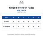 TJ5510 Tee Jays Ribbed Interlock Pants size guide (TJ5510)