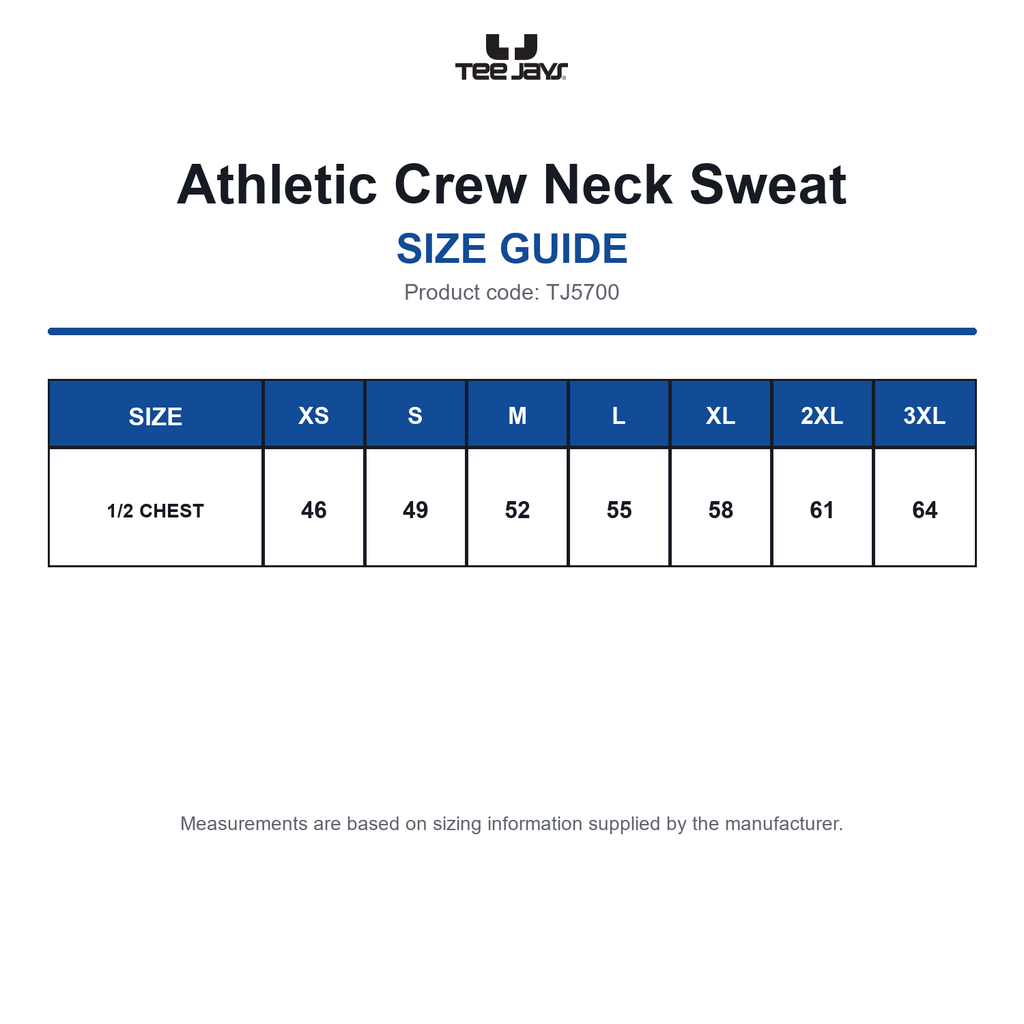 TJ5700 Tee Jays Athletic Crew Neck Sweat size guide (TJ5700)