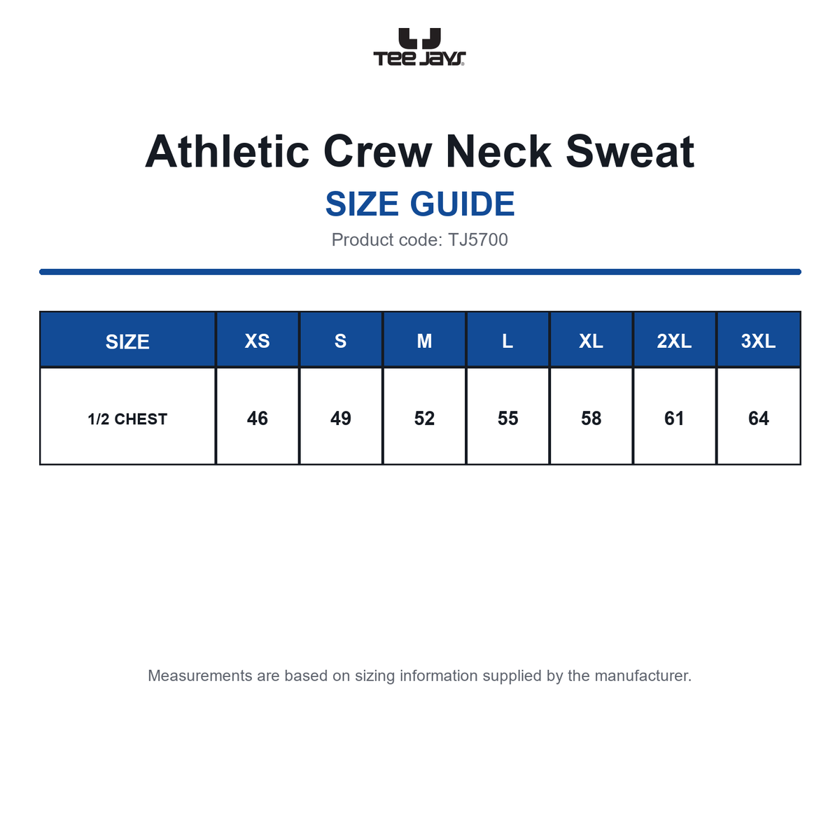 TJ5700 Tee Jays Athletic Crew Neck Sweat size guide (TJ5700)