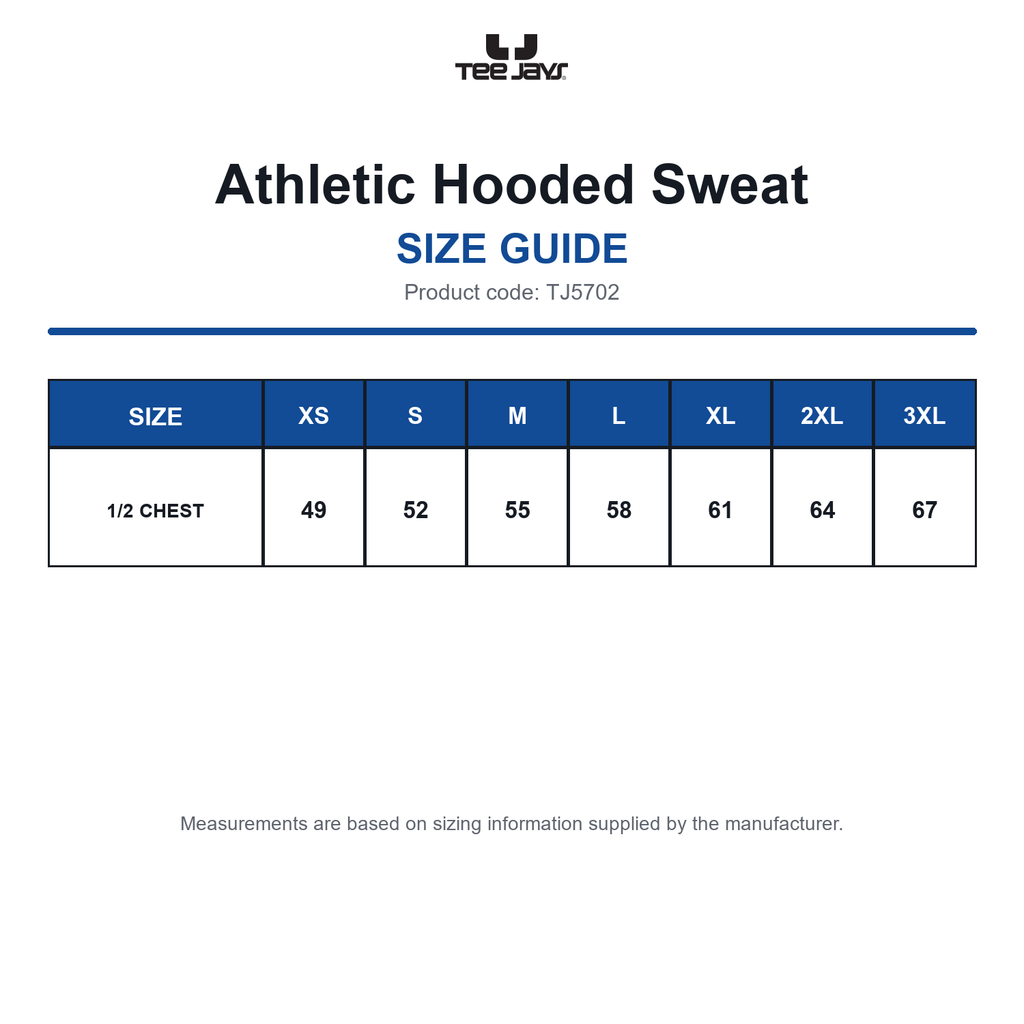 TJ5702 Tee Jays Athletic Hooded Sweat size guide (TJ5702)