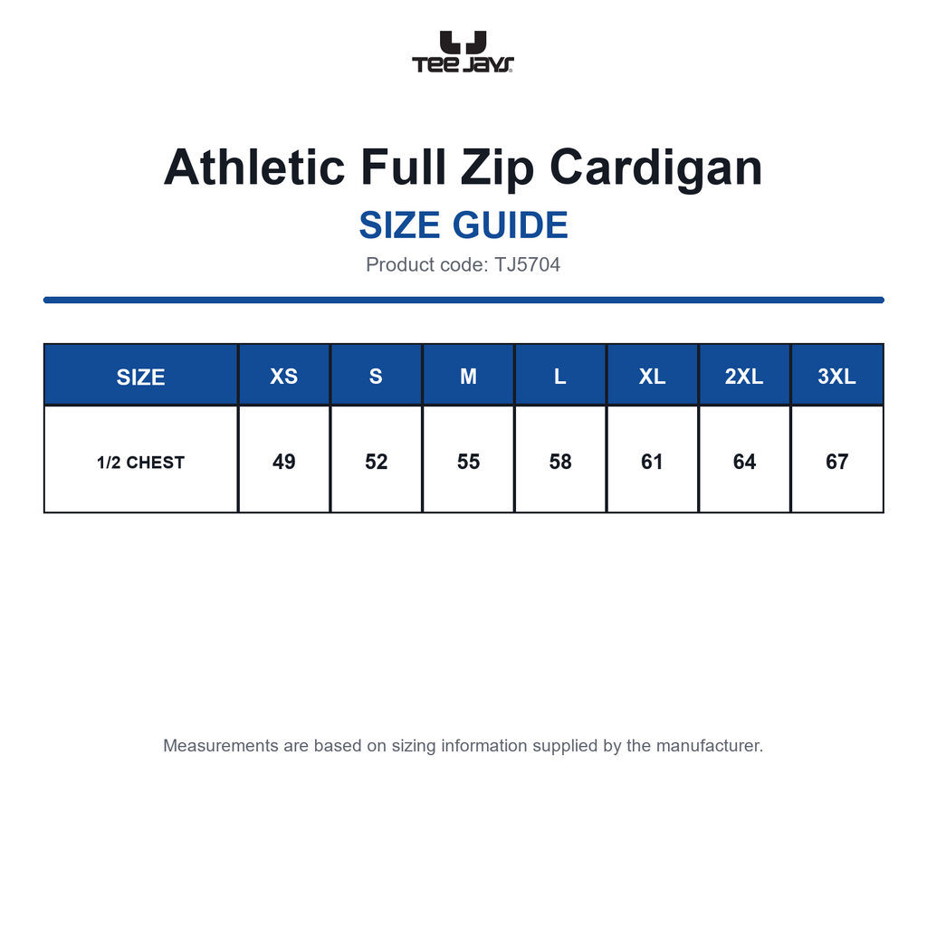 TJ5704 Tee Jays Athletic Full Zip Cardigan size guide (TJ5704)