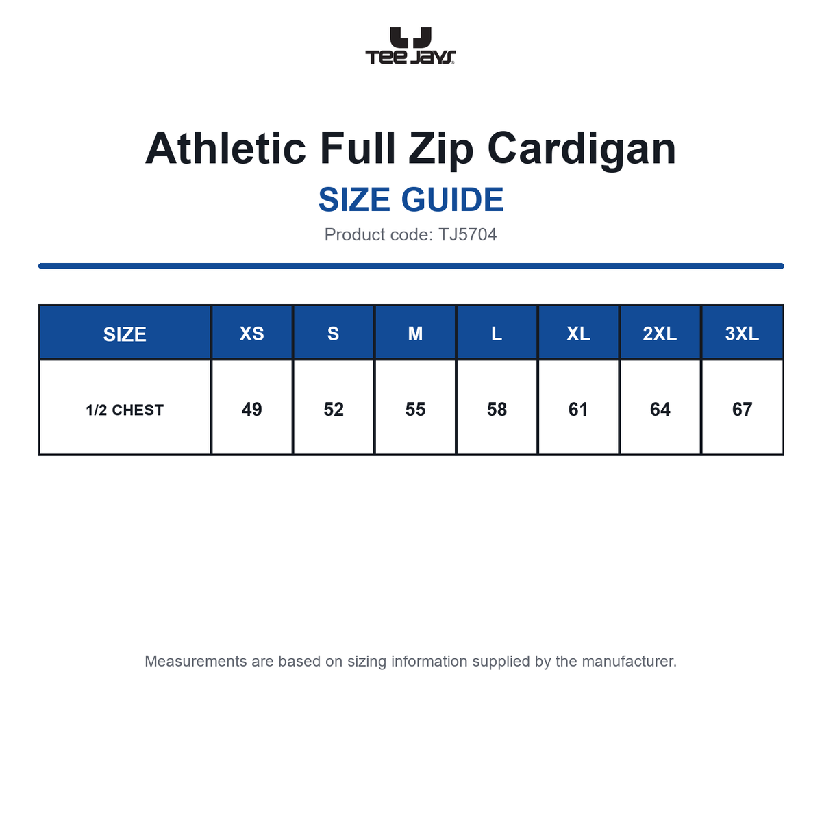 TJ5704 Tee Jays Athletic Full Zip Cardigan size guide (TJ5704)