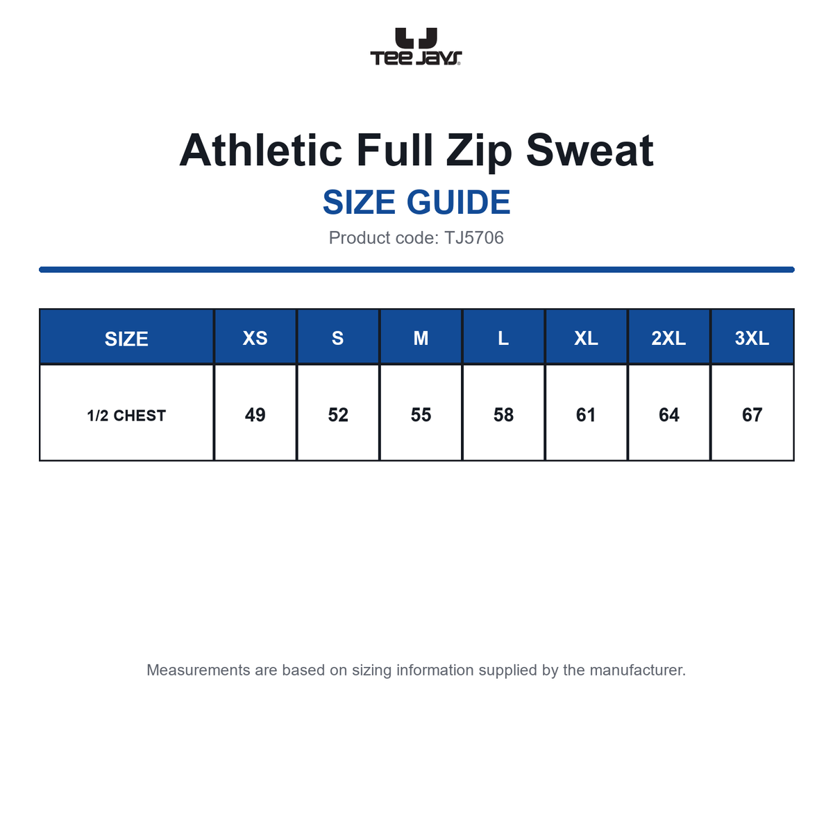 TJ5706 Tee Jays Athletic Full Zip Sweat size guide (TJ5706)