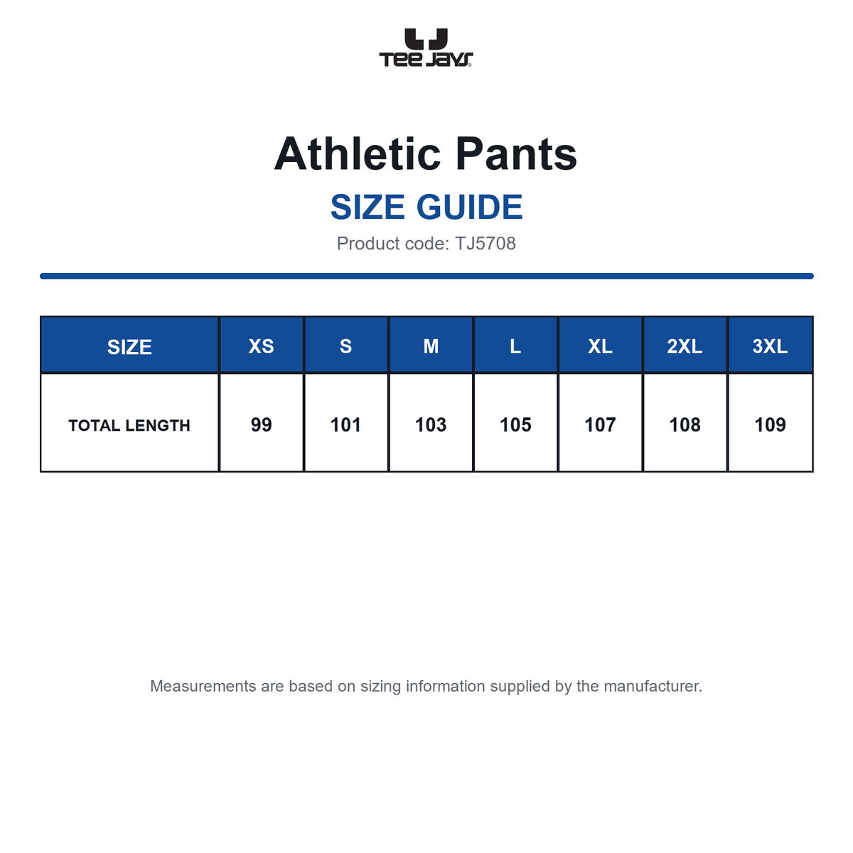 TJ5708 Tee Jays Athletic Pants size guide (TJ5708)