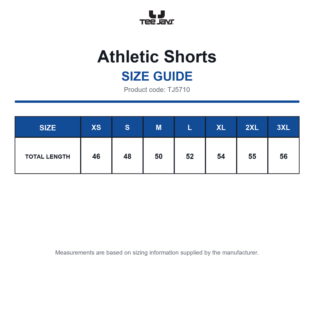TJ5710 Tee Jays Athletic Shorts size guide (TJ5710)