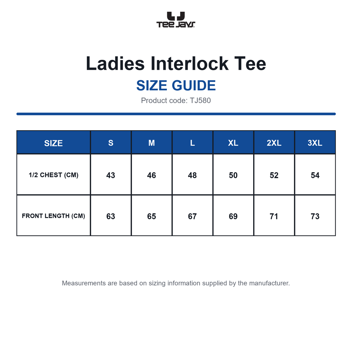 TJ580 Tee Jays Ladies Interlock Tee size guide (TJ580)