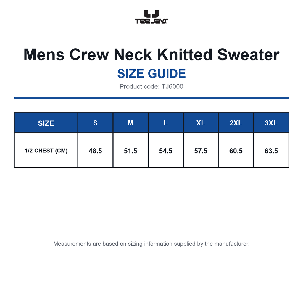 TJ6000 Tee Jays Mens Crew Neck Knitted Sweater size guide (TJ6000)