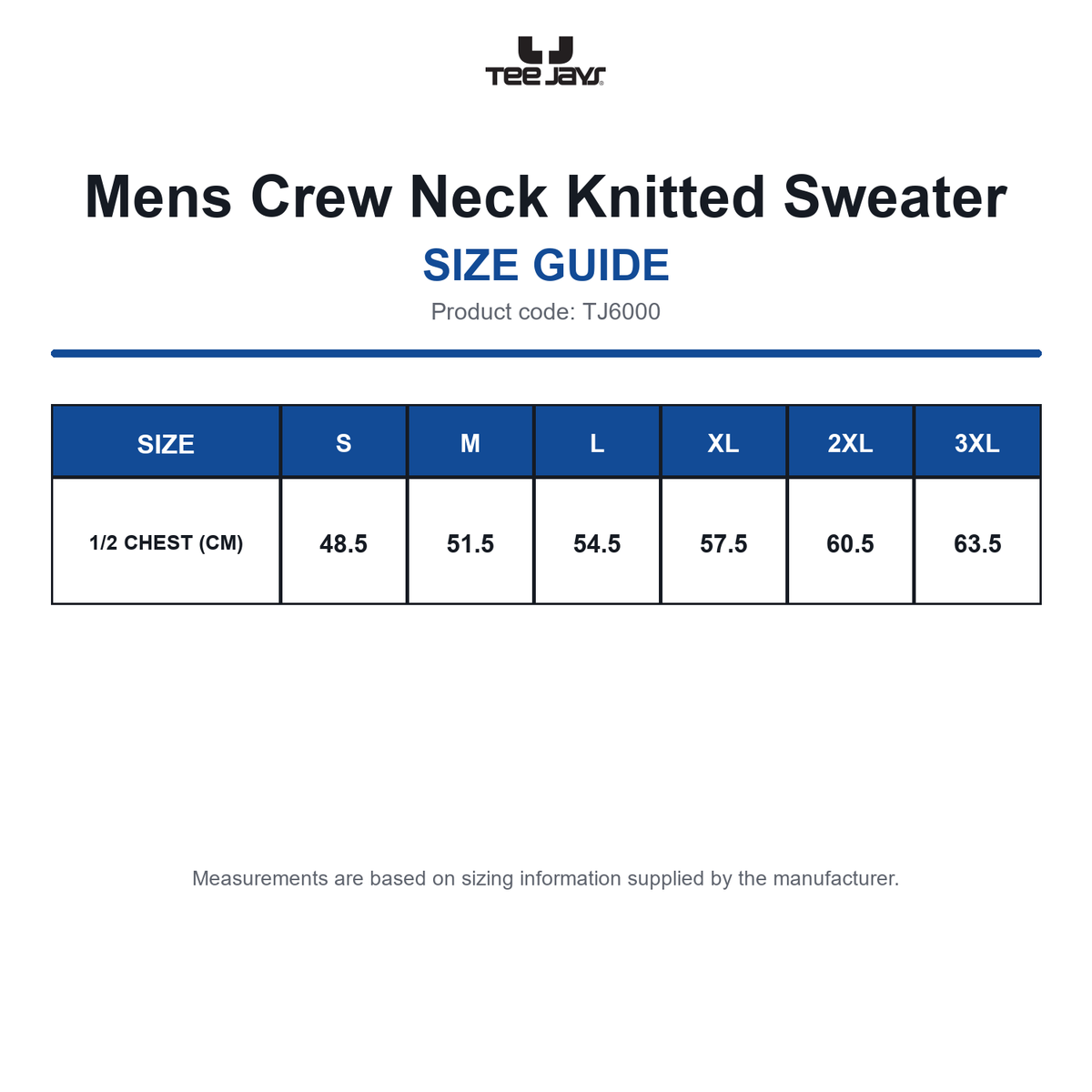 TJ6000 Tee Jays Mens Crew Neck Knitted Sweater size guide (TJ6000)