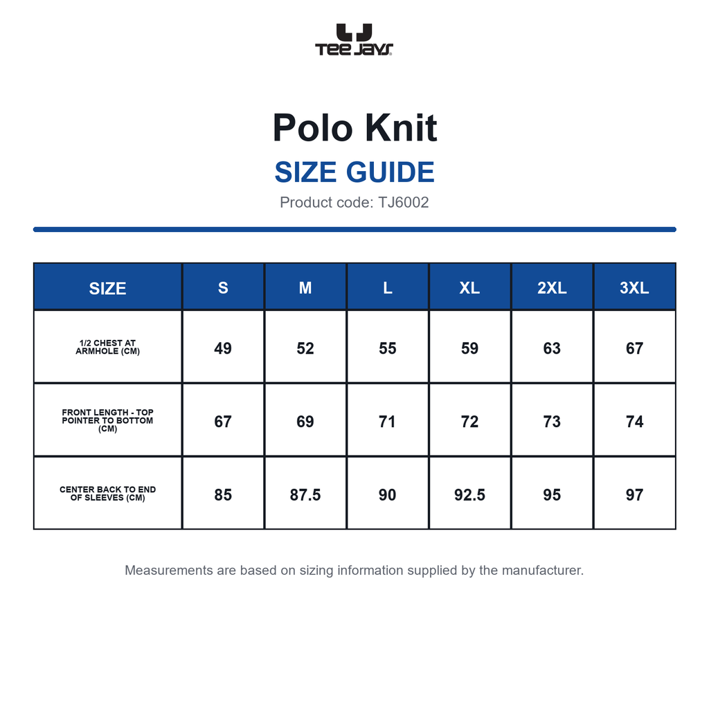 TJ6002 Tee Jays Polo Knit size guide (TJ6002)