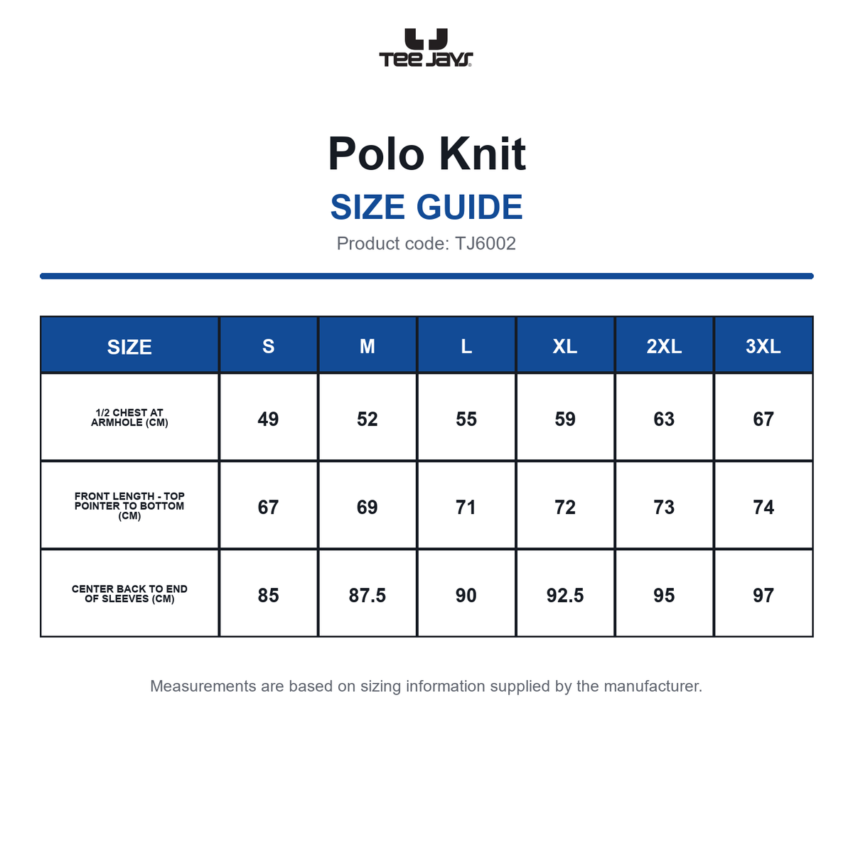 TJ6002 Tee Jays Polo Knit size guide (TJ6002)