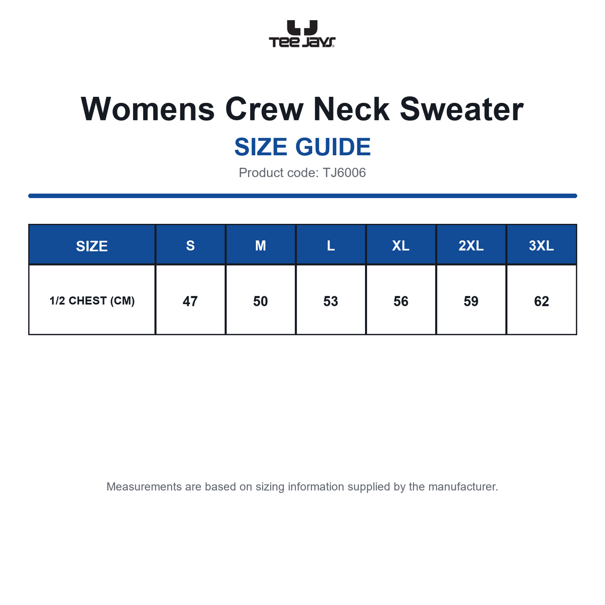 TJ6006 Tee Jays Womens Crew Neck Sweater size guide (TJ6006)