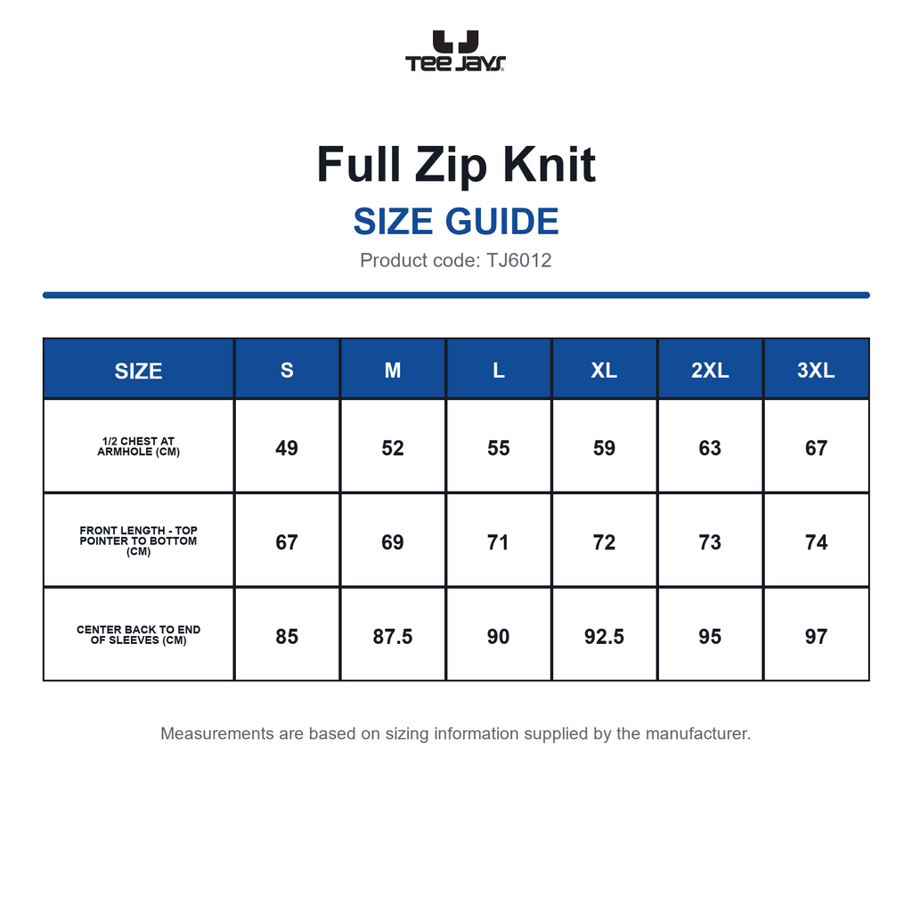 TJ6012 Tee Jays Full Zip Knit size guide (TJ6012)