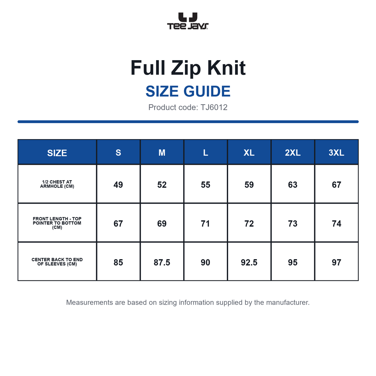 TJ6012 Tee Jays Full Zip Knit size guide (TJ6012)