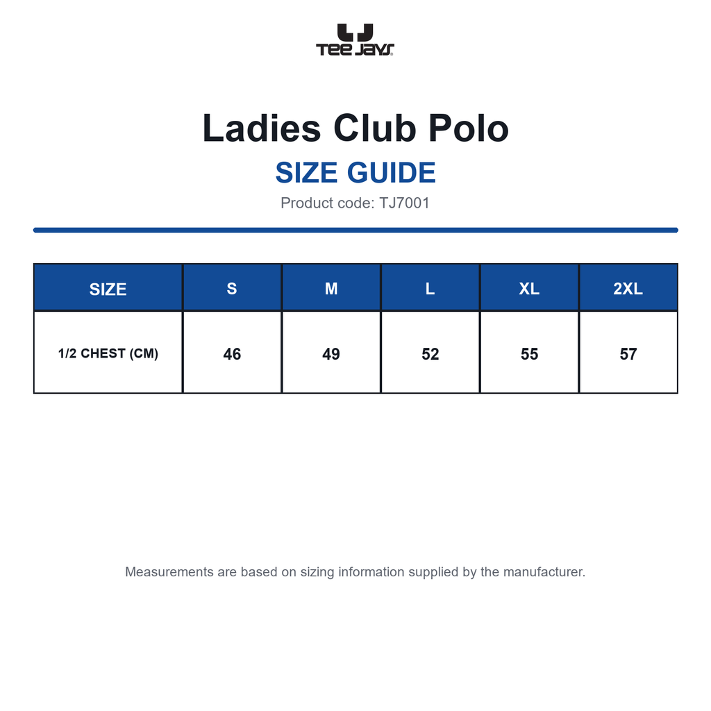 TJ7001 Tee Jays Ladies Club Polo size guide (TJ7001)