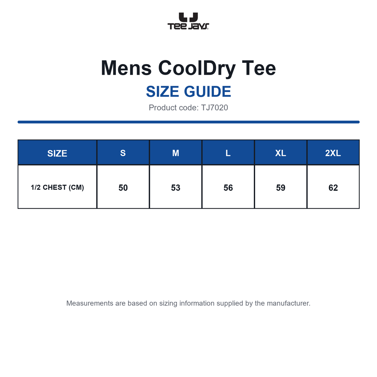TJ7020 Tee Jays Mens CoolDry Tee size guide (TJ7020)