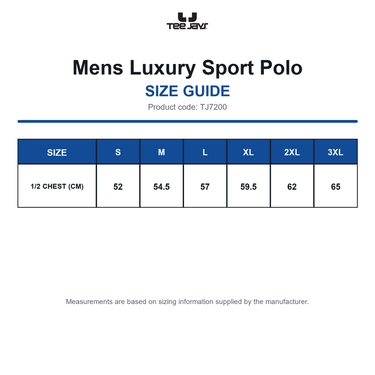 TJ7200 Tee Jays Mens Luxury Sport Polo size guide (TJ7200)
