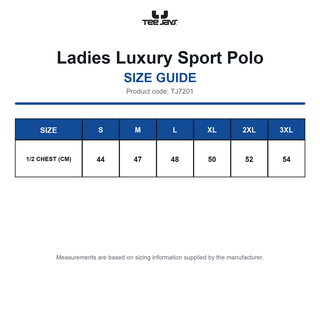 TJ7201 Tee Jays Ladies Luxury Sport Polo size guide (TJ7201)