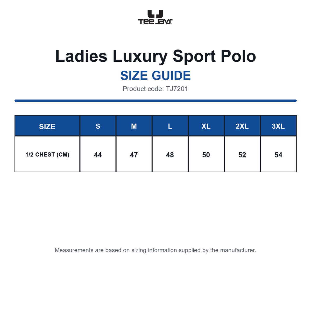 TJ7201 Tee Jays Ladies Luxury Sport Polo size guide (TJ7201)