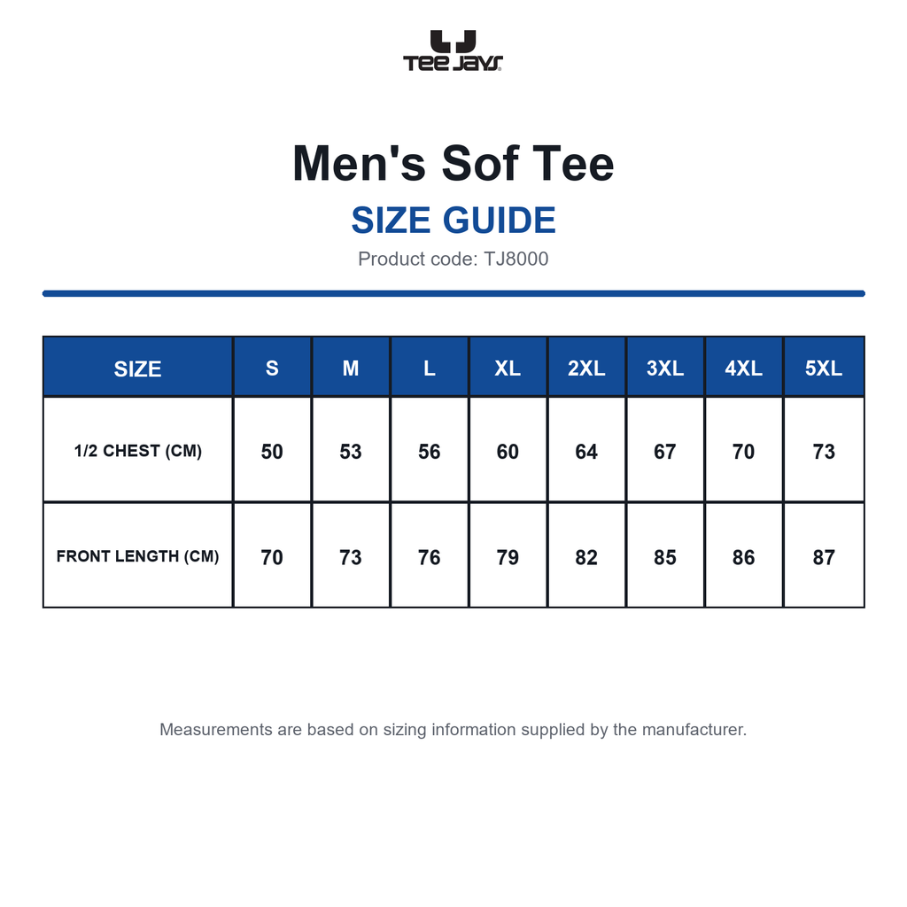 TJ8000 Tee Jays Men's Sof Tee size guide (TJ8000)