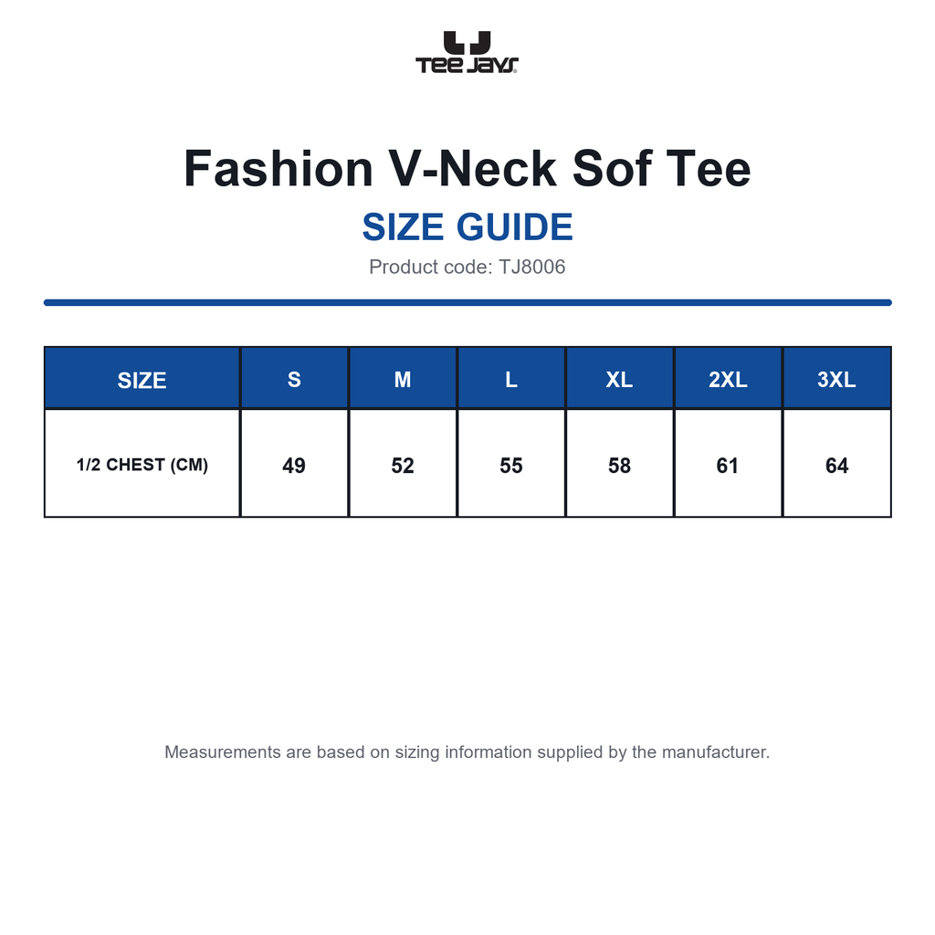 TJ8006 Tee Jays Fashion V-Neck Sof Tee size guide (TJ8006)