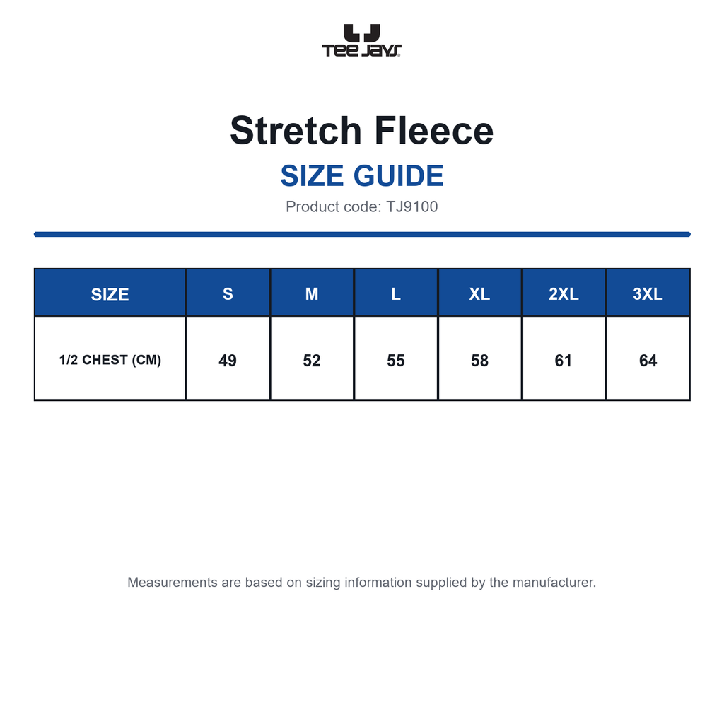 TJ9100 Tee Jays Stretch Fleece size guide (TJ9100)