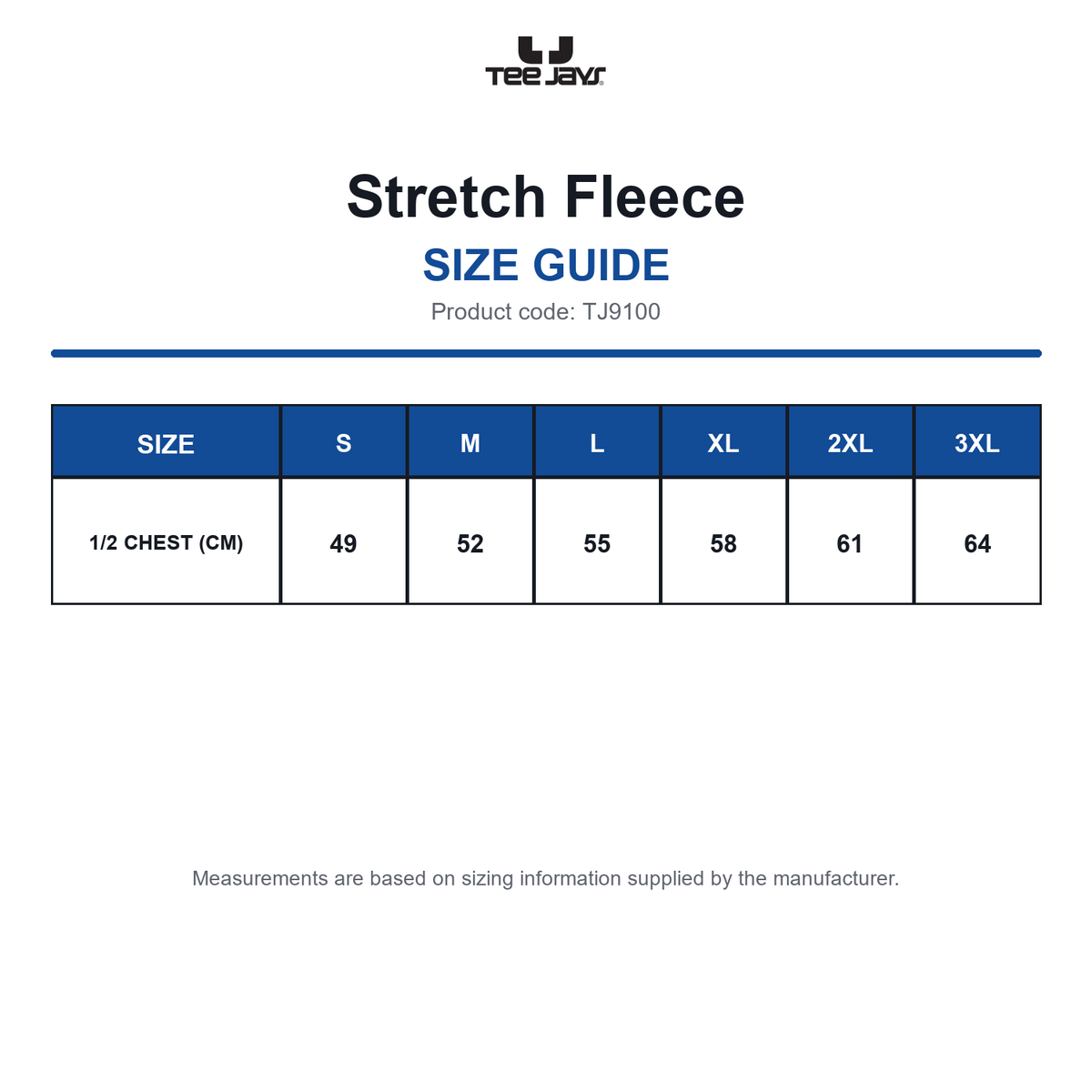 TJ9100 Tee Jays Stretch Fleece size guide (TJ9100)