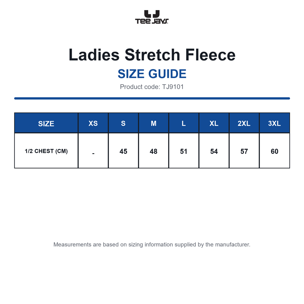 TJ9101 Tee Jays Ladies Stretch Fleece size guide (TJ9101)