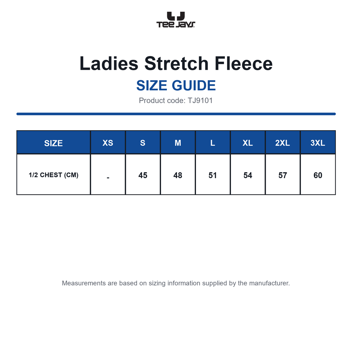 TJ9101 Tee Jays Ladies Stretch Fleece size guide (TJ9101)