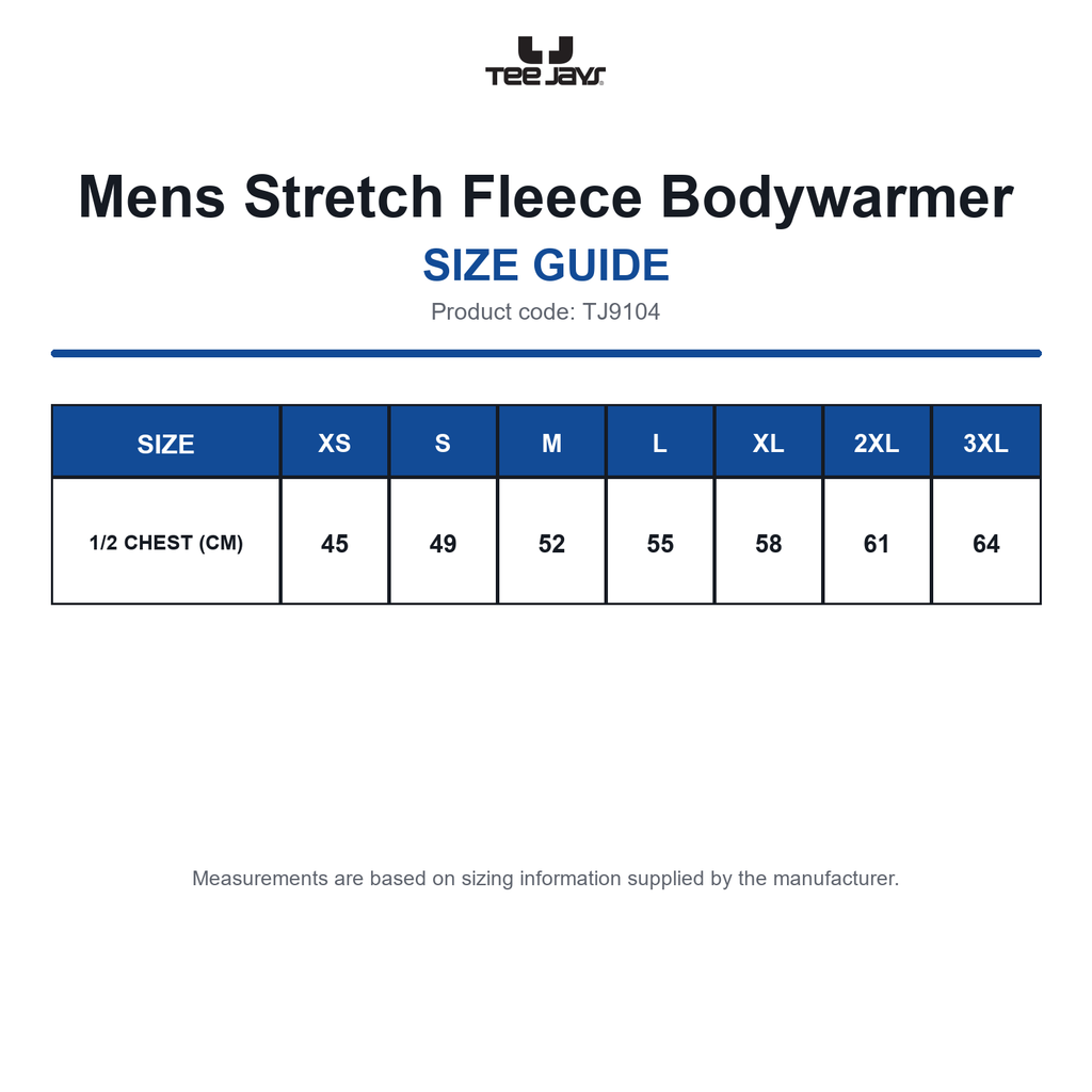 TJ9104 Tee Jays Mens Stretch Fleece Bodywarmer size guide (TJ9104)