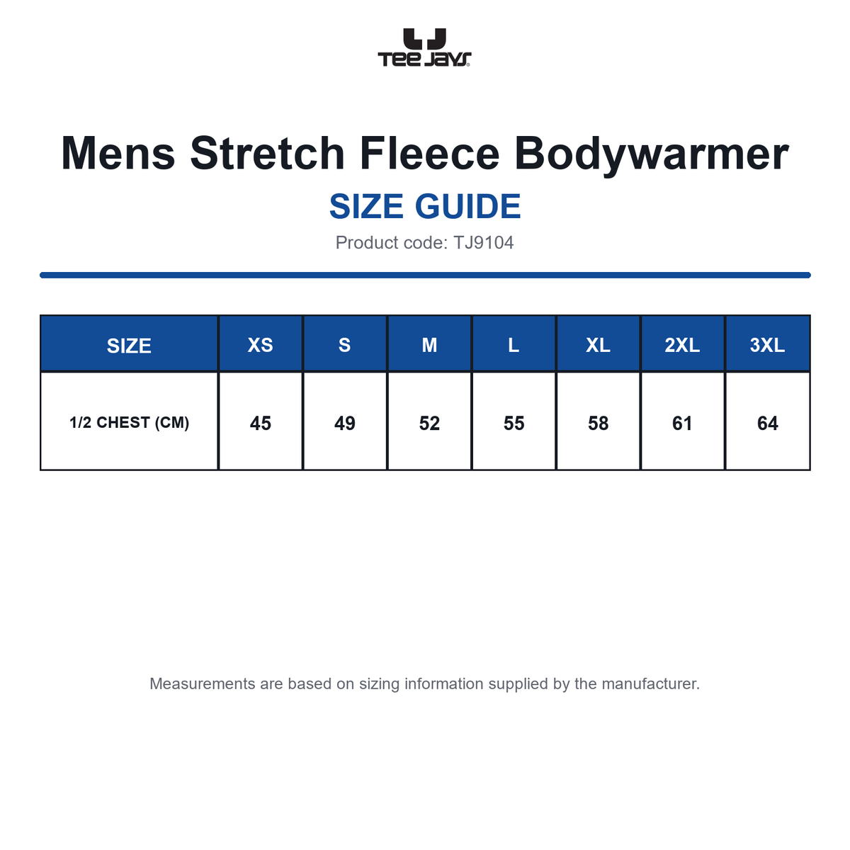 TJ9104 Tee Jays Mens Stretch Fleece Bodywarmer size guide (TJ9104)