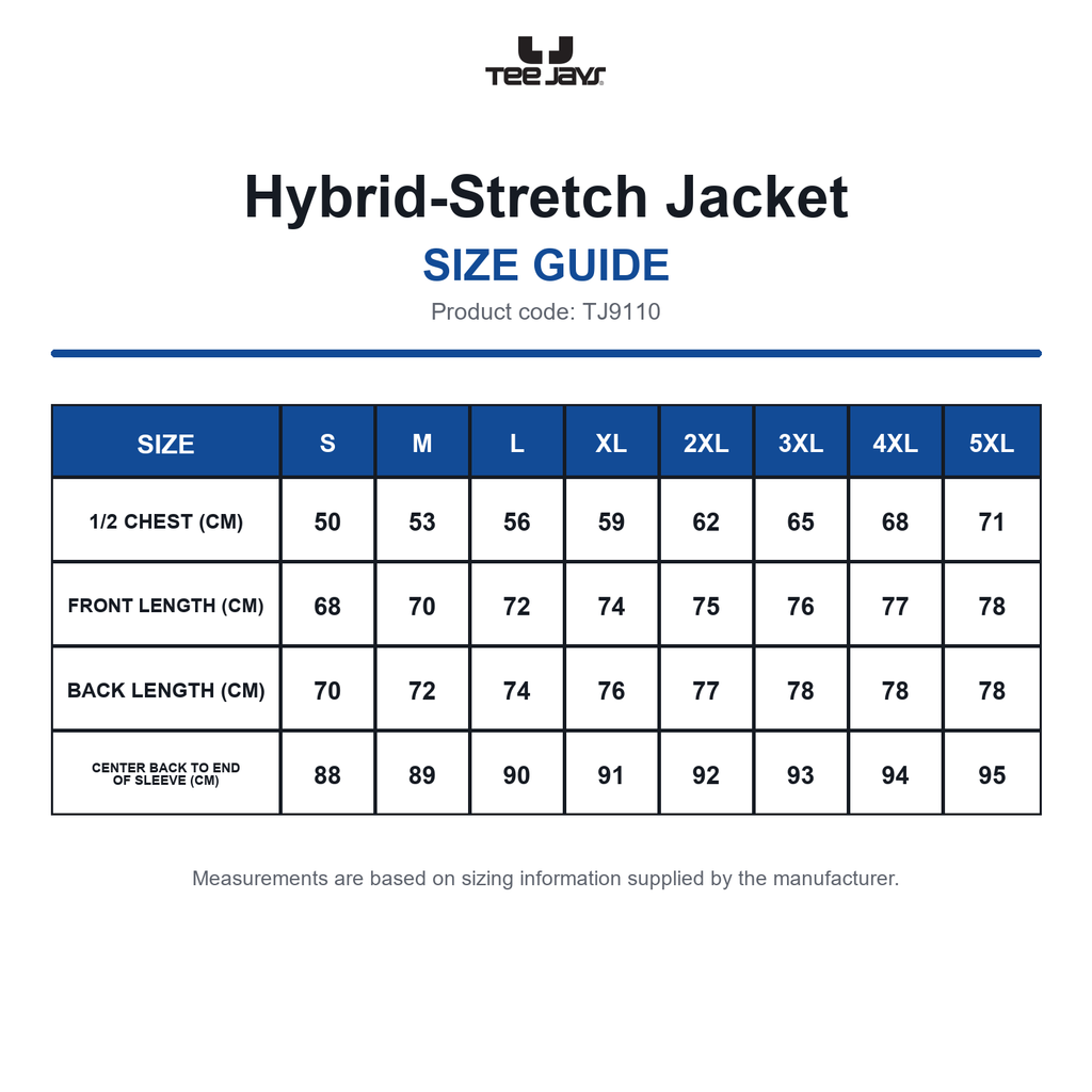 TJ9110 Tee Jays Hybrid-Stretch Jacket size guide (TJ9110)