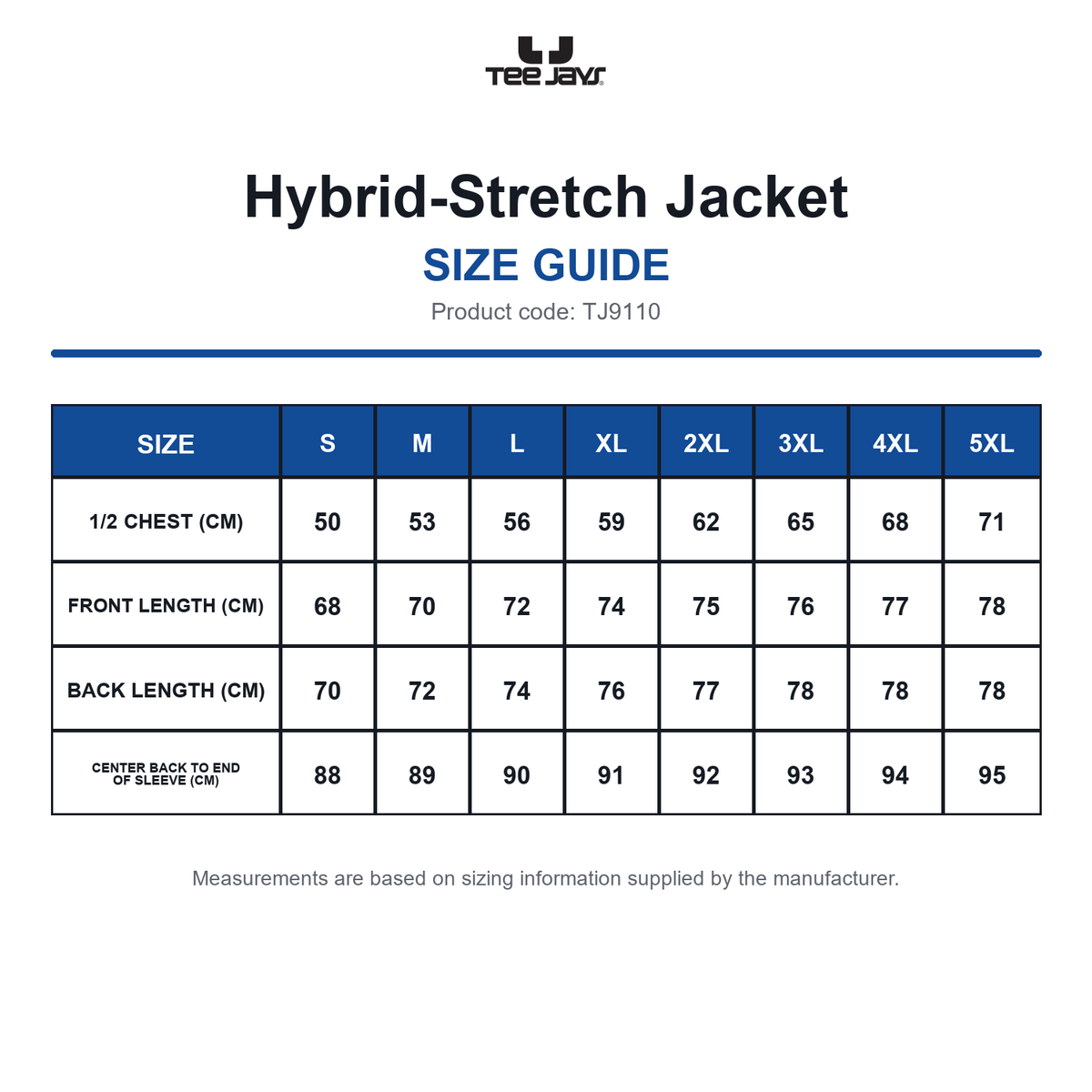 TJ9110 Tee Jays Hybrid-Stretch Jacket size guide (TJ9110)