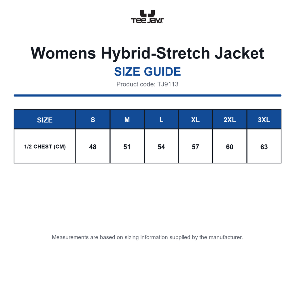 TJ9113 Tee Jays Womens Hybrid-Stretch Jacket size guide (TJ9113)
