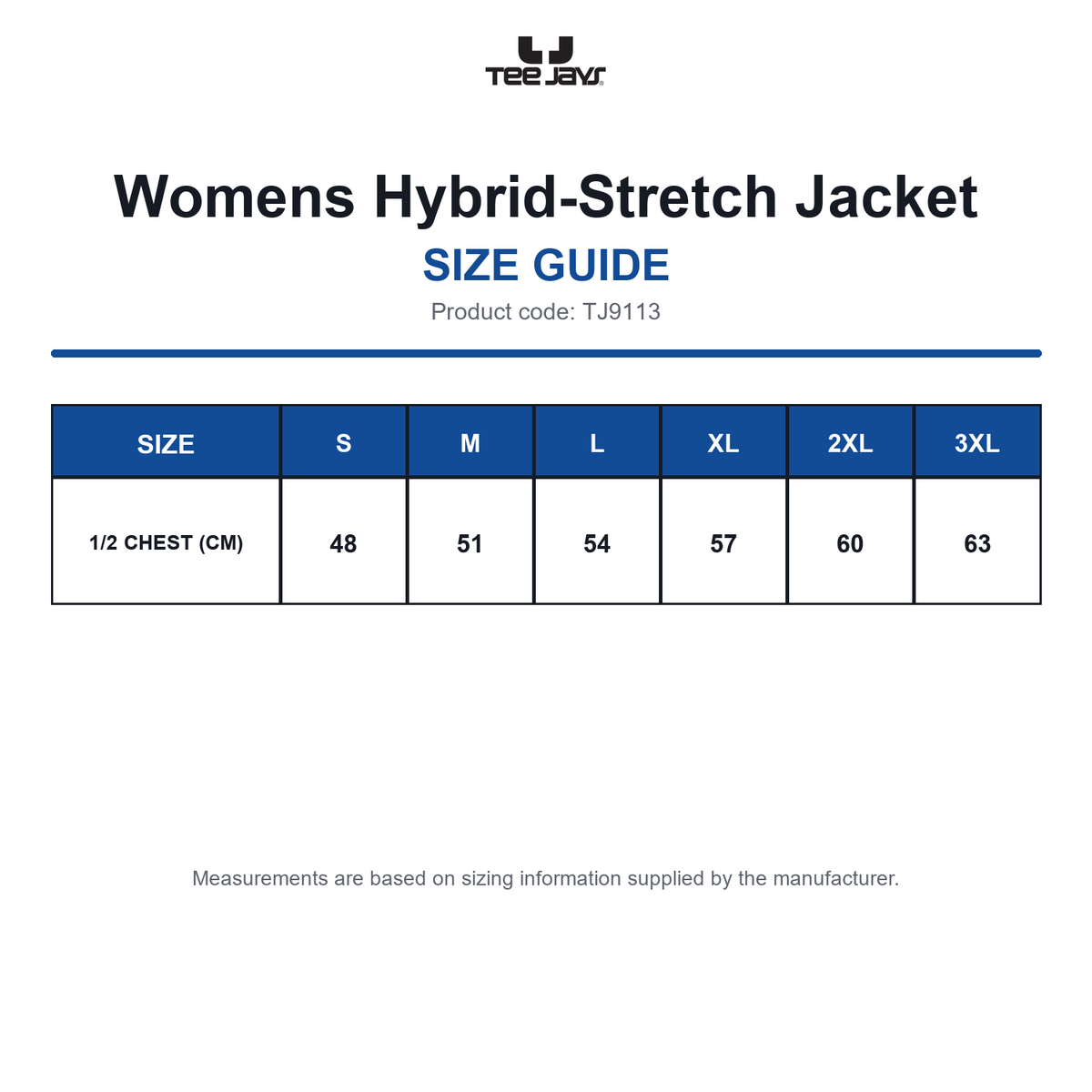 TJ9113 Tee Jays Womens Hybrid-Stretch Jacket size guide (TJ9113)