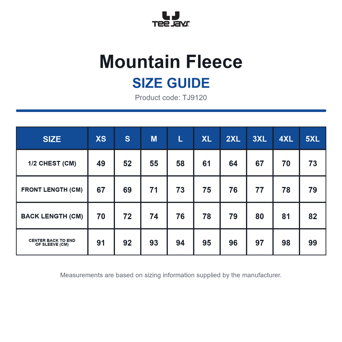 TJ9120 Tee Jays Mountain Fleece size guide (TJ9120)