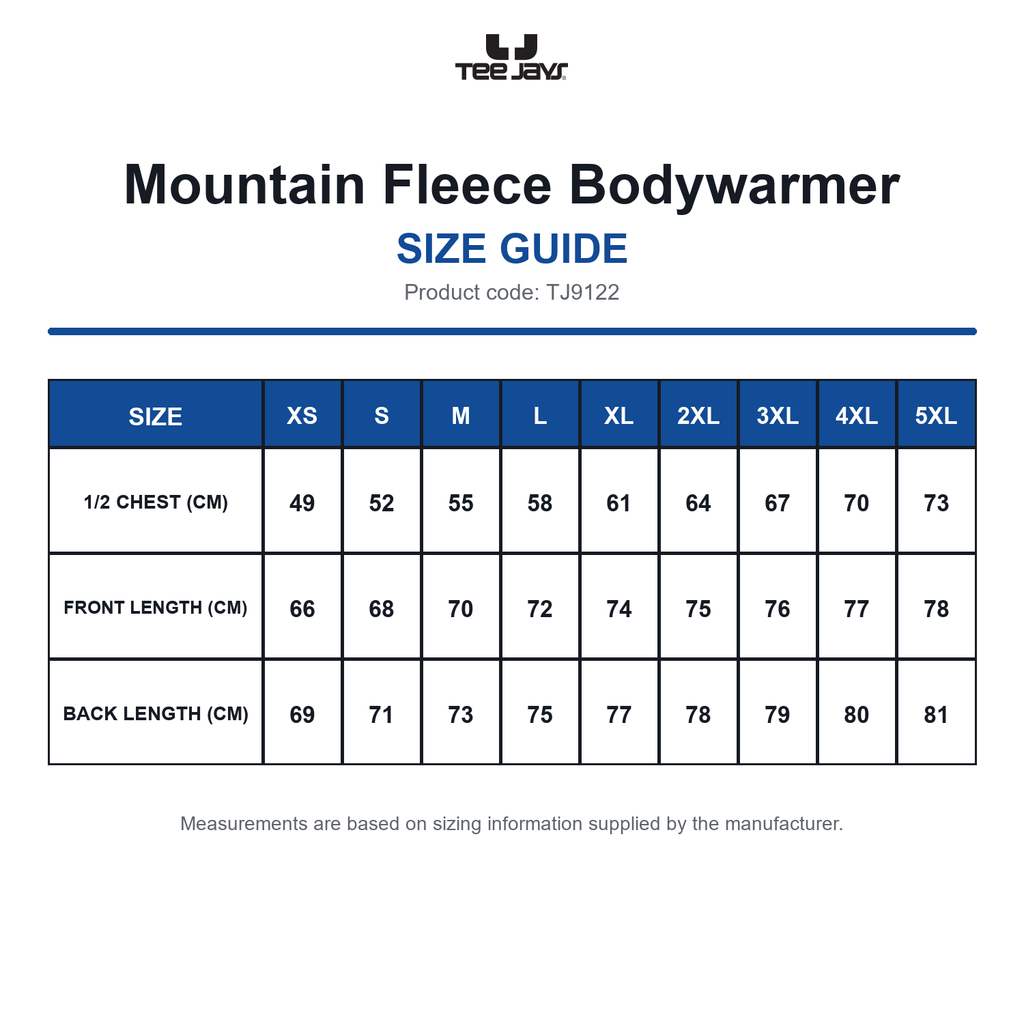 TJ9122 Tee Jays Mountain Fleece Bodywarmer size guide (TJ9122)