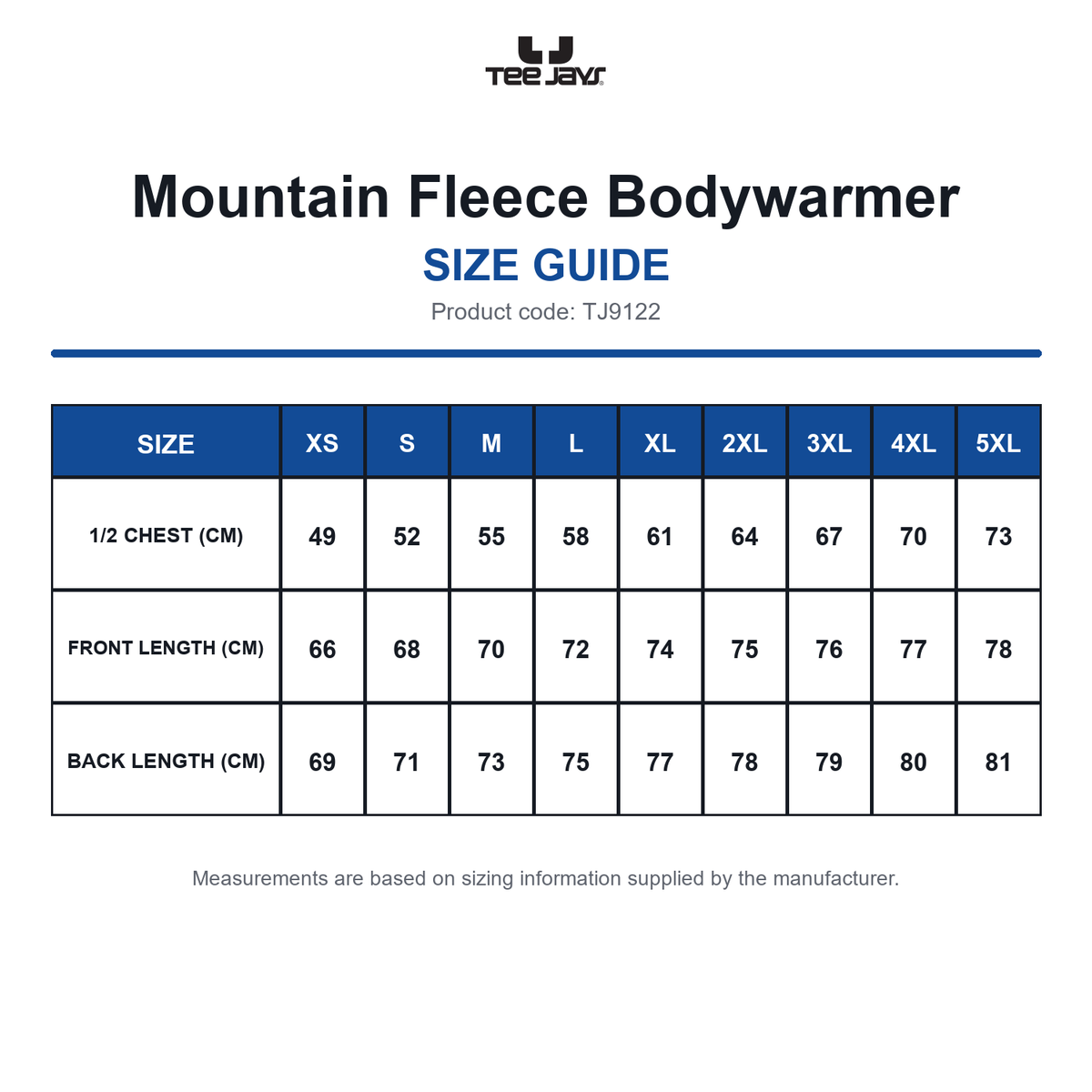 TJ9122 Tee Jays Mountain Fleece Bodywarmer size guide (TJ9122)