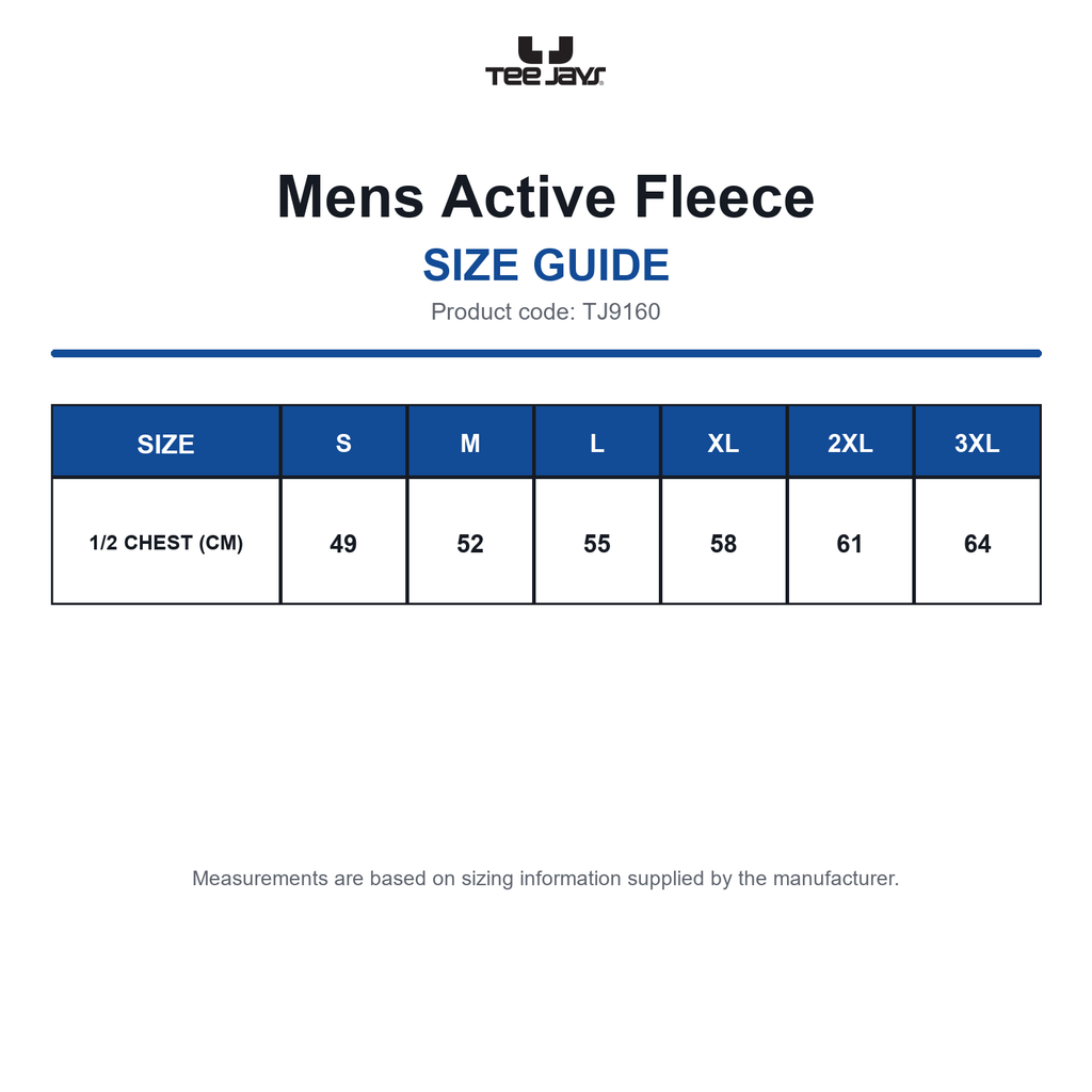 TJ9160 Tee Jays Mens Active Fleece size guide (TJ9160)
