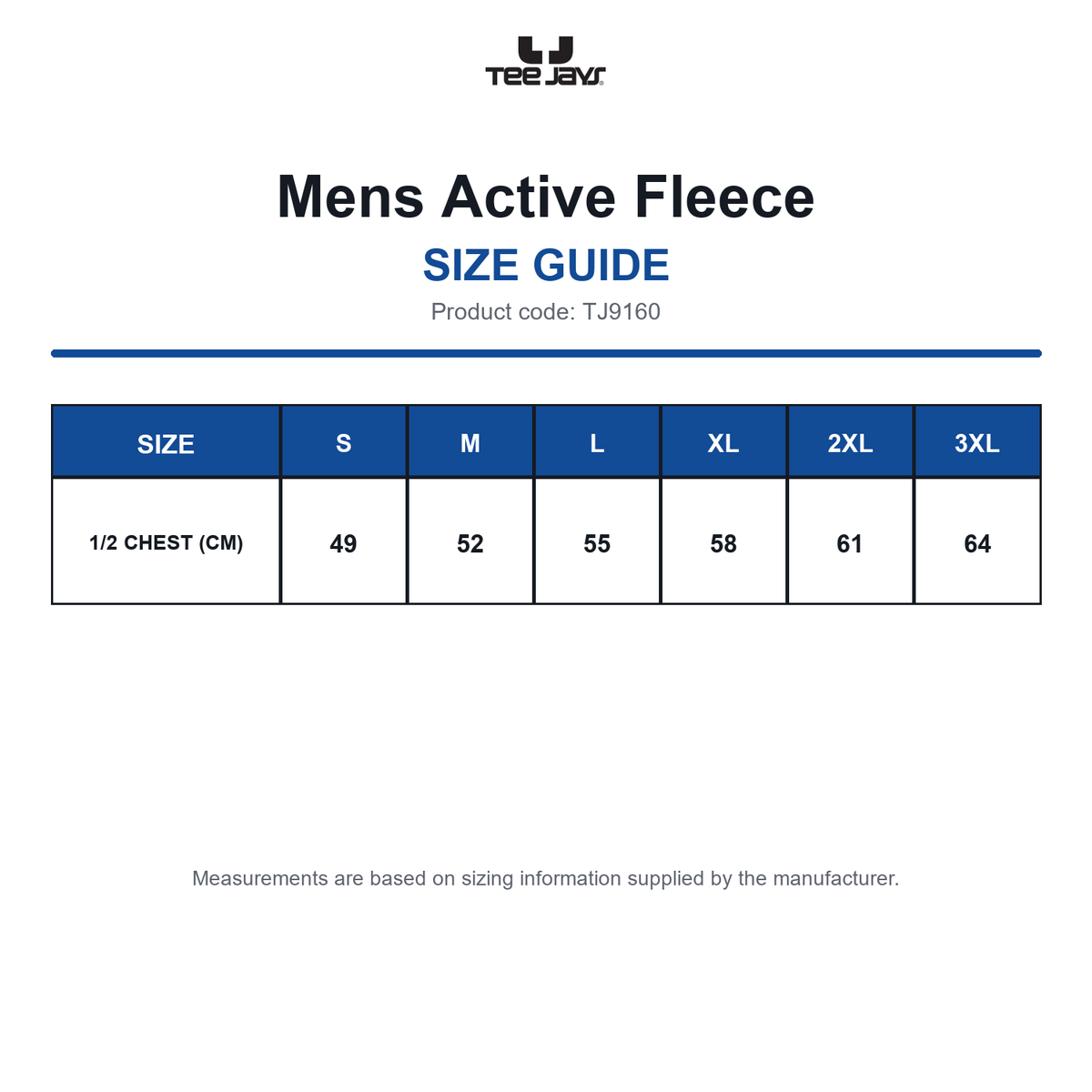 TJ9160 Tee Jays Mens Active Fleece size guide (TJ9160)
