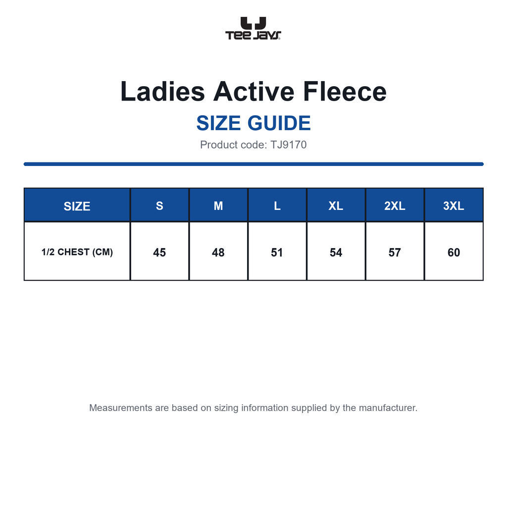 TJ9170 Tee Jays Ladies Active Fleece size guide (TJ9170)