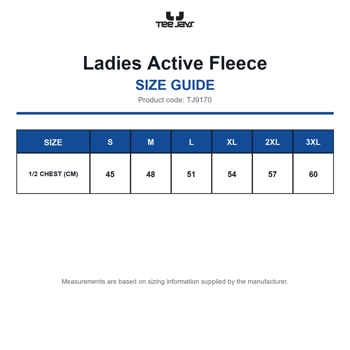 TJ9170 Tee Jays Ladies Active Fleece size guide (TJ9170)