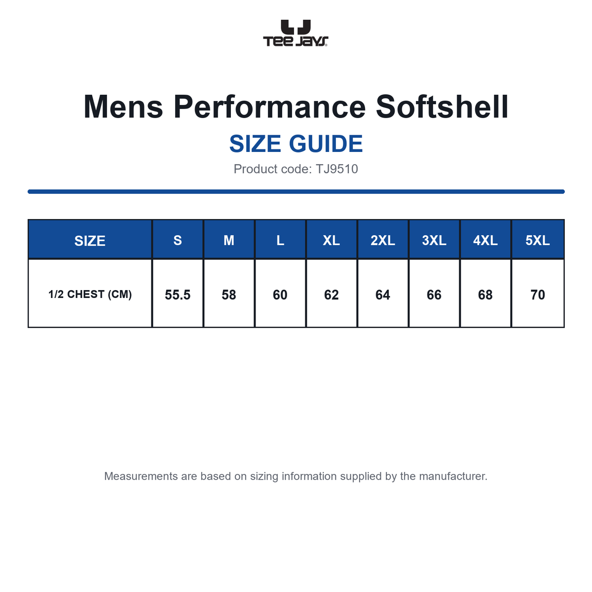 TJ9510 Tee Jays Mens Performance Softshell size guide (TJ9510)