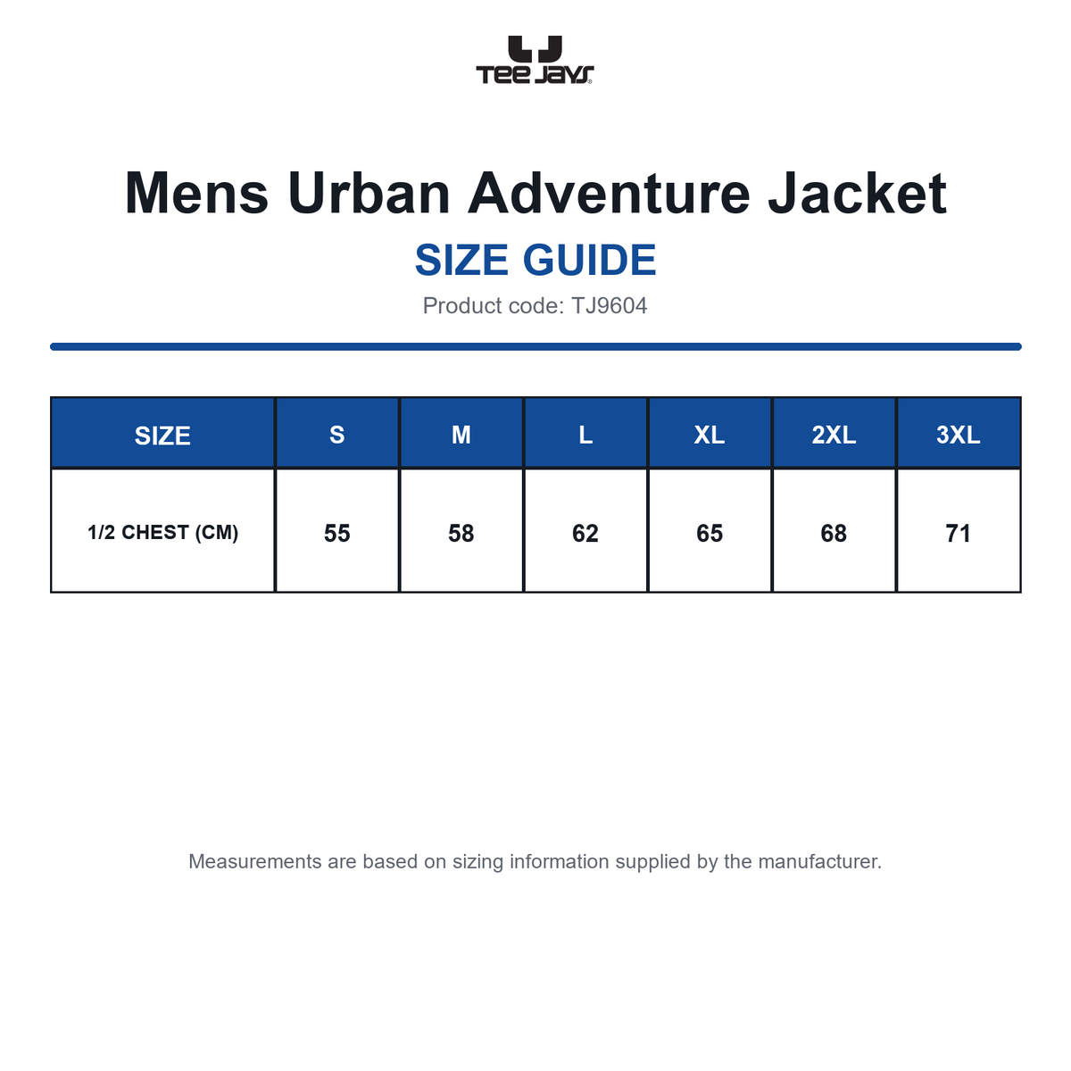 TJ9604 Tee Jays Mens Urban Adventure Jacket size guide (TJ9604)