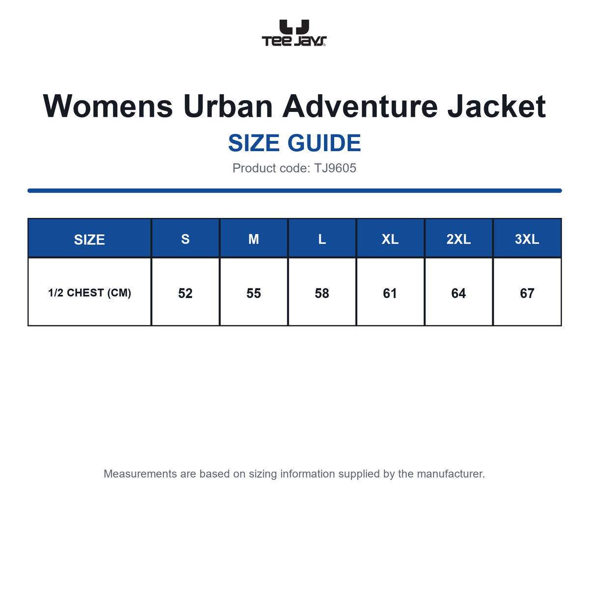 TJ9605 Tee Jays Womens Urban Adventure Jacket size guide (TJ9605)