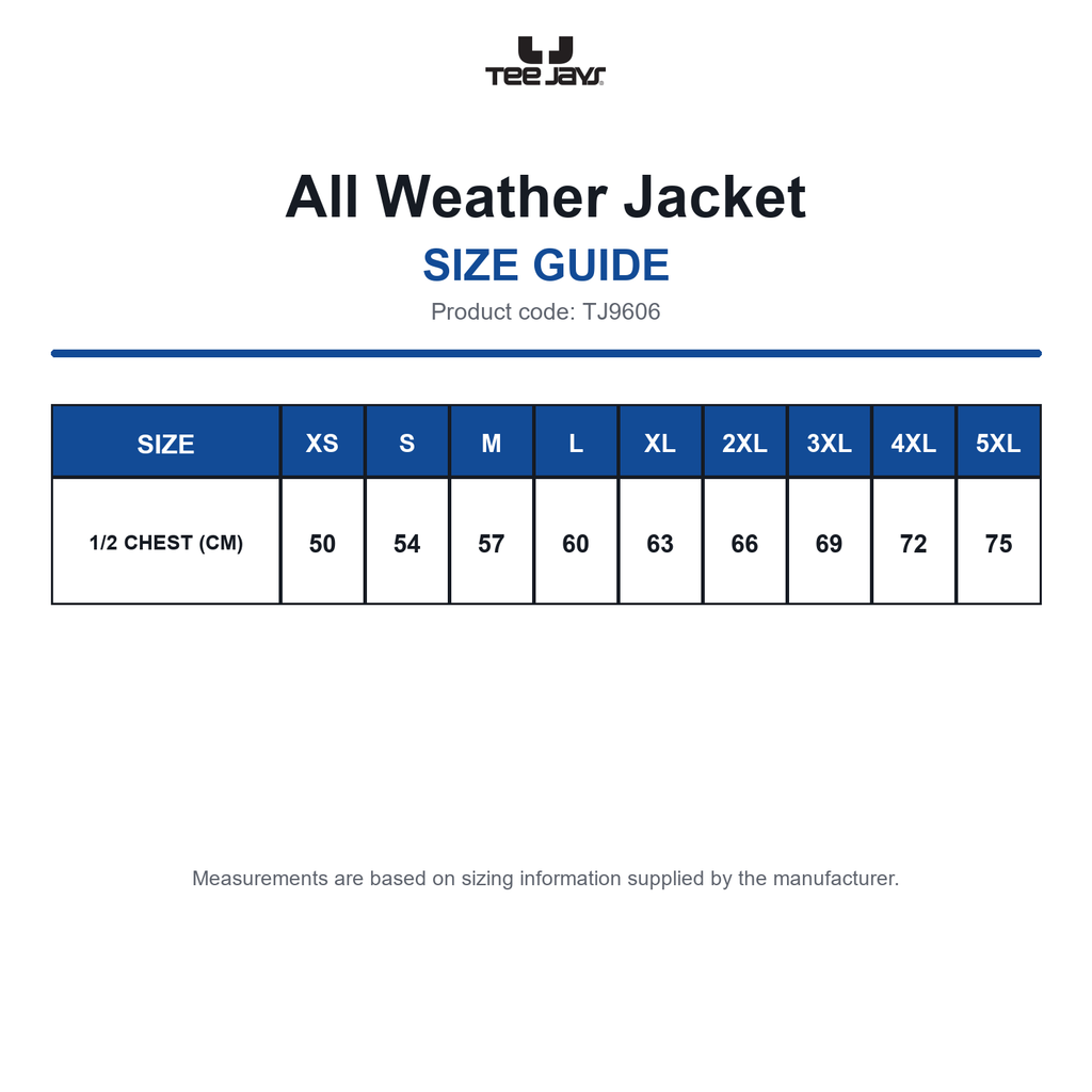 TJ9606 Tee Jays All Weather Jacket size guide (TJ9606)